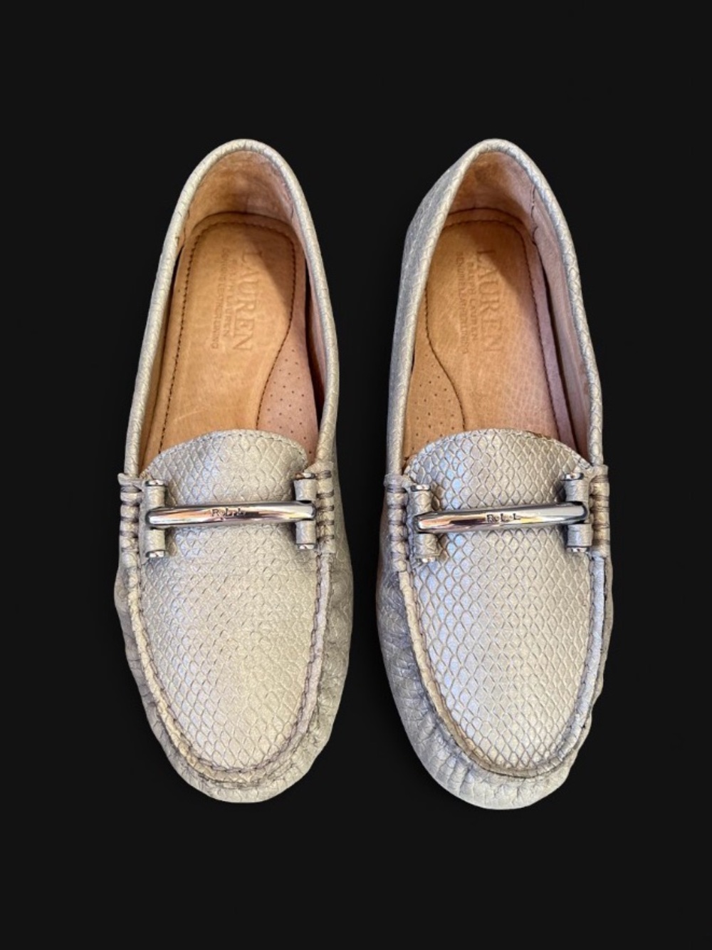 Lauren Ralph Lauren Caliana Snake Embossed Loafers Sz 6 B Leather Silver Soft